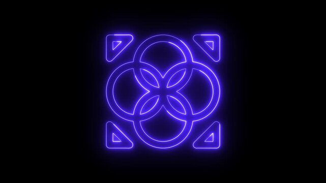 A glowing blue neon sign featuring a scientific atom symbol design with circular vector lines representing physics and nuclear energy technology 4k