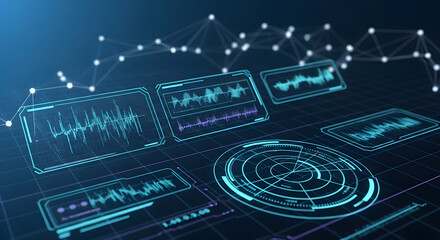 Futuristic digital interface with multiple data displays and graphs.