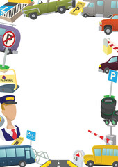 Parking cartoon frame with bus driver, vehicles and road signs creating a border with copy space
