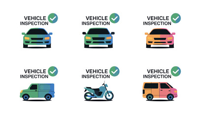 A vehicle inspection icon set with different car types and a motorcycle for automotive check-up, showing passed status with checkmarks, automotive service images