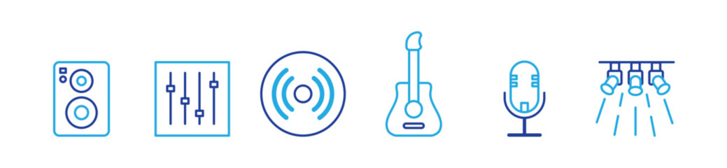Audio icon set. Containing guitar, speaker, vinyl, mic, lighting, mastering icons Solid icon collection. Vector illustration.