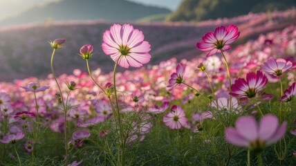 Obraz premium Beautiful field of cosmos flowers in full bloom under soft sunlight with vibrant pink petals and green stems