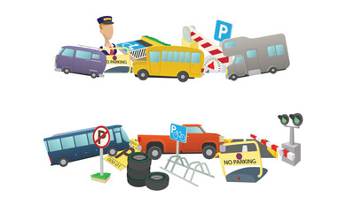 Cartoon style elements depict various parking related scenarios, including vehicles, signage, and infrastructure, highlighting parking management concepts