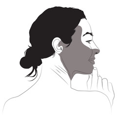 A minimalist black and white line drawing portrays a woman in profile, her hand on her chin in a thoughtful pose. Part of her face is shaded grey.