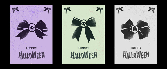Set of retro Happy Halloween posters. Creative banners with cute hand drawn illustrations of  ribbon bows, vintage grainy texture, coquette aesthetics. Cute vector greeting templates.