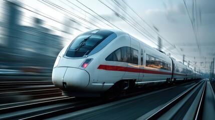 Fototapeta premium High Speed Electric Train Moving Fast on Rail Tracks in Motion