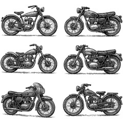Vintage motorcycles, mopeds, and bicycles in engraving style, Transparent Background