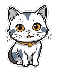 Cute Cartoon White and Grey Kitten Sticker with Orange Collar