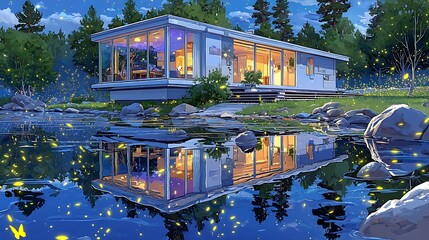 Serene Modern House Reflecting in Calm Waters Surrounded by Nature and Fireflies at Dusk
