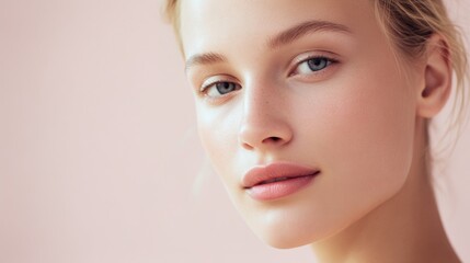 A young Caucasian woman with blonde hair and blue eyes poses against a soft pink background. She has a natural, fresh look with minimal makeup.