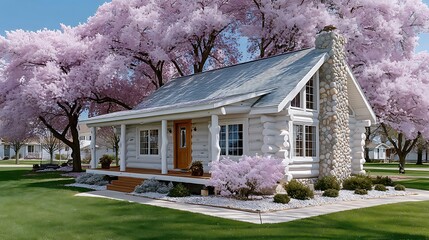 Charming Cottage Surrounded by Blooming Cherry Blossom Trees in Springtime Landscape