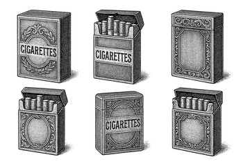 Vintage cigarette packs with ornate designs in engraving style, Transparent Background