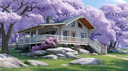 Charming Wooden House Surrounded by Vibrant Pink Blossom Trees in a Scenic Landscape