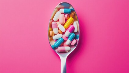 Colorful pills clustered in a silver spoon on a pink background