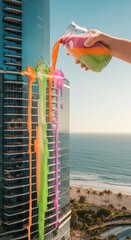 A hand pours colorful liquid from a glass bottle over a tall building. The scene features a clear sky and ocean in the background, creating a vibrant urban atmosphere.