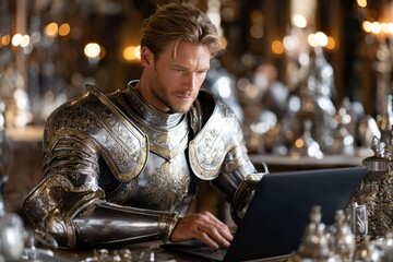 Knight in ornate armor working on a laptop in a medieval-inspired setting