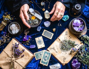 Magical crystal and herbal arrangement display.