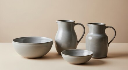 Fototapeta premium Rustic ceramic pitchers and bowls on a neutral surface