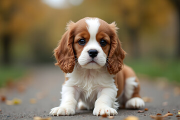 Cute Puppy Resting on Pathway in Autumn Landscape