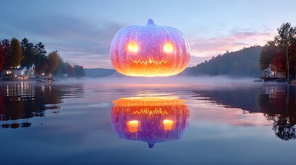Glowing Pumpkin Over Peaceful Lake at Dawn with Autumn Foliage Reflections