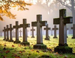 Misty cemetery with crosses in autumn light.