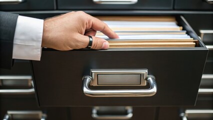 A hand pulls files from a black cabinet drawer, highlighting organization and document management.