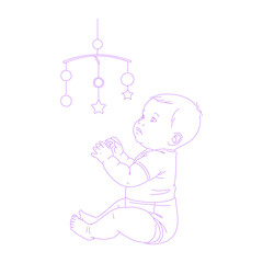 Baby in Crib Looking at a Hanging Mobile Toy Line Art illustration