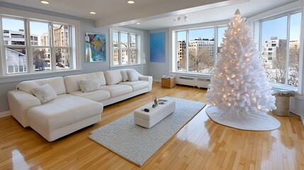 Modern Living Room with White Sofa and Christmas Tree Surrounded by Natural Light and Windows