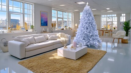 Bright and Modern Living Room with White Christmas Tree and Cozy Atmosphere for Holidays