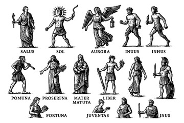 Roman gods and goddesses in antique engraving style, Transparent Background