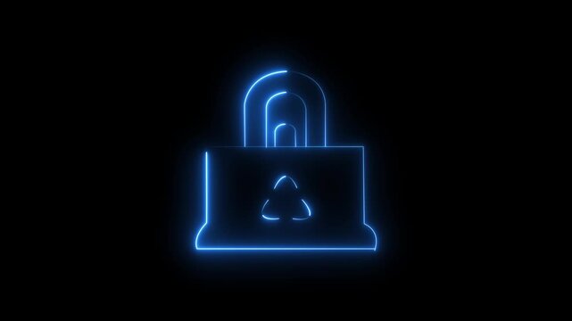 Neon padlock icon with triangle core glowing security symbol for technology, privacy and OE design, security safety icon animation.