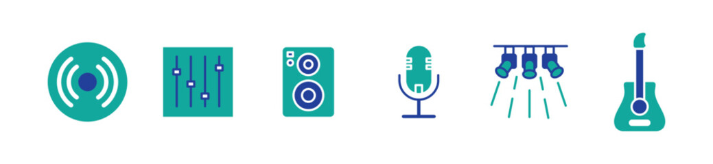 Audio icon set. Containing guitar, speaker, vinyl, mic, lighting, mastering icons Solid icon collection. Vector illustration.