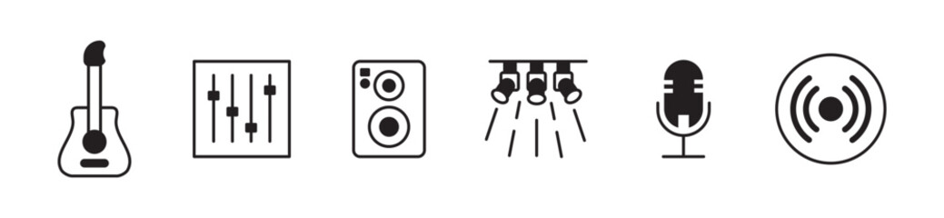 Audio icon set. Containing guitar, speaker, vinyl, mic, lighting, mastering icons Solid icon collection. Vector illustration.