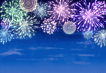 カラフルな花火と夜空の背景イラスト