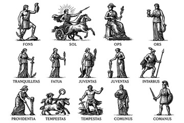 Norse gods and goddesses in detailed vintage engraving style, Transparent Background
