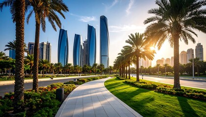 Abu Dhabi skyline with modern architecture, palm trees and walkway during golden hour