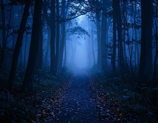 Mysterious foggy forest path at dusk.