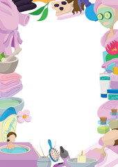 Spa and beauty treatments frame composition with relaxing woman enjoying wellness procedures