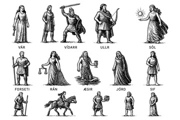 Norse gods and goddesses in detailed vintage engraving style, Transparent Background