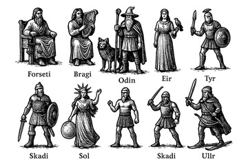 Norse gods and goddesses in detailed vintage engraving style, Transparent Background