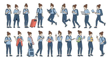 Young woman digital nomad traveler exploring destinations with gadgets and luggage on the go