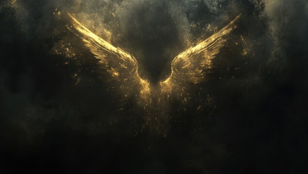 Golden wings emerge from dark clouds