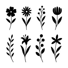 Floral and botanical silhouettes in simple black flat style, Transparent Background