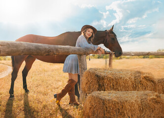 photo real person cowgirl with horse, dry grass field nature summer sky sun light. Happy face lady....