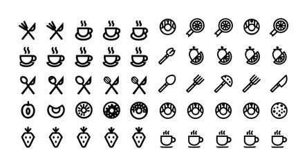 Food-Themed Seamless Pattern – Line Icon Vector of Utensils, Fruits, Coffee Cups, and Doughnuts for Kitchen Decor, Café Branding, and Culinary Packaging Design