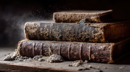 Old Books Covered in Dust Forgotten for Decades on Wooden Shelf