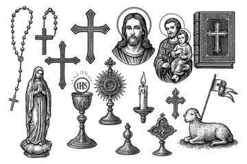 Catholic religious icons and symbols in vintage engraving style, Transparent Background
