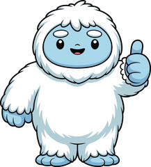 Cute cartoon yeti character giving thumbs up, smiling abominable snowman with blue face and white fur, cad drawing flat vector illustration design