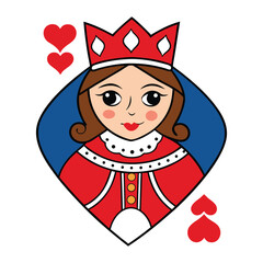 The Queen of Hearts design features a regal woman holding a flower, adorned with intricate patterns and vibrant red hearts, symbolizing love, power, and elegance.
