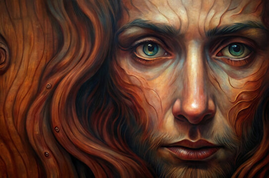 Of closeup portrait of a womans face with striking bluegreen eyes and textured skin